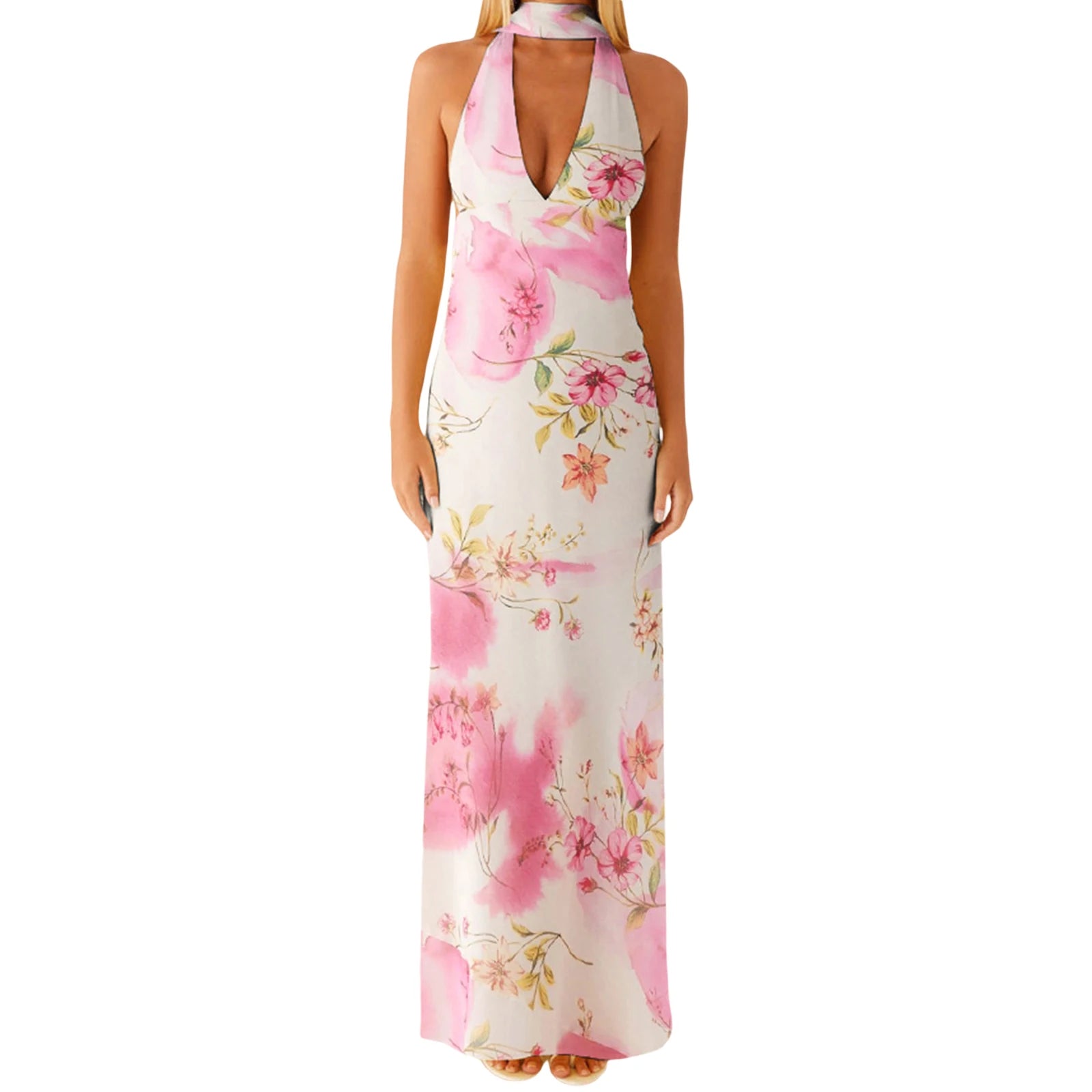 Cyflymder  Elegant Maxi Dress with Boho Floral Print and Halter Neckline Sexy Backless V-Neck Sleeveless Dress for Summer Beach Party