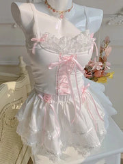Cyflymder  Cute Crop Top Women Summer Lace Trim Bows Decoration Slim Tops for Sweet Girls Lolita Style Kawaii Clothes