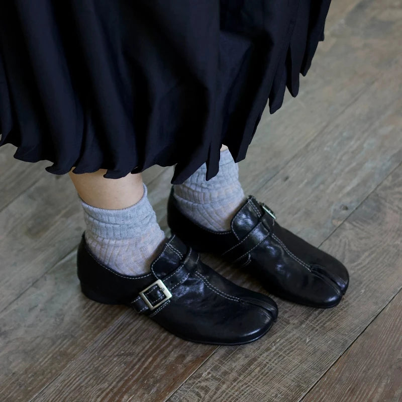 Cyflymder  Black Genuine Cow Leather Tabi Split Toe Slip on Oxford Mary Jane Shoes for Women Stable Chunky Block Heel Party Casual Footwear