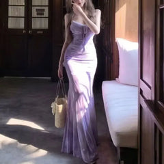 Cyflymder  Purple Tie Dye Spaghetti Strap Mermaid Maxi Dress Summer Lace Trim Front Tie Women Slim Bodycon Flowy Bag Hip Long Evening Gown