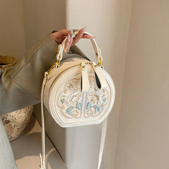Cyflymder  Fashion Embroidered Women Crossbody Bag, Vintage Pattern PU Round Handbags, New Elegant Versatile Daily Shoulder Bags for Women