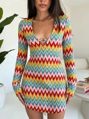 Cyflymder  Color Block Striped Women Bodycone Mini Dress V Neck Long Bell Sleeve Slim Hollow Out Sexy Short Fashion Holiday Outfit