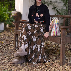 Cyflymder  Women's Clothing High-end Retro Blurred Rose Full Skirt High Waist Draped Pleated A-line Pleated Skirt Printed Half Skirt