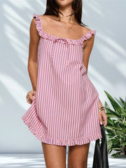 Cyflymder  Sleeveless Square Neck Tie-up Front Frill Trim Short Dress Women s Loose Mini Dress Summer Babydoll Dress with Flattering Fit