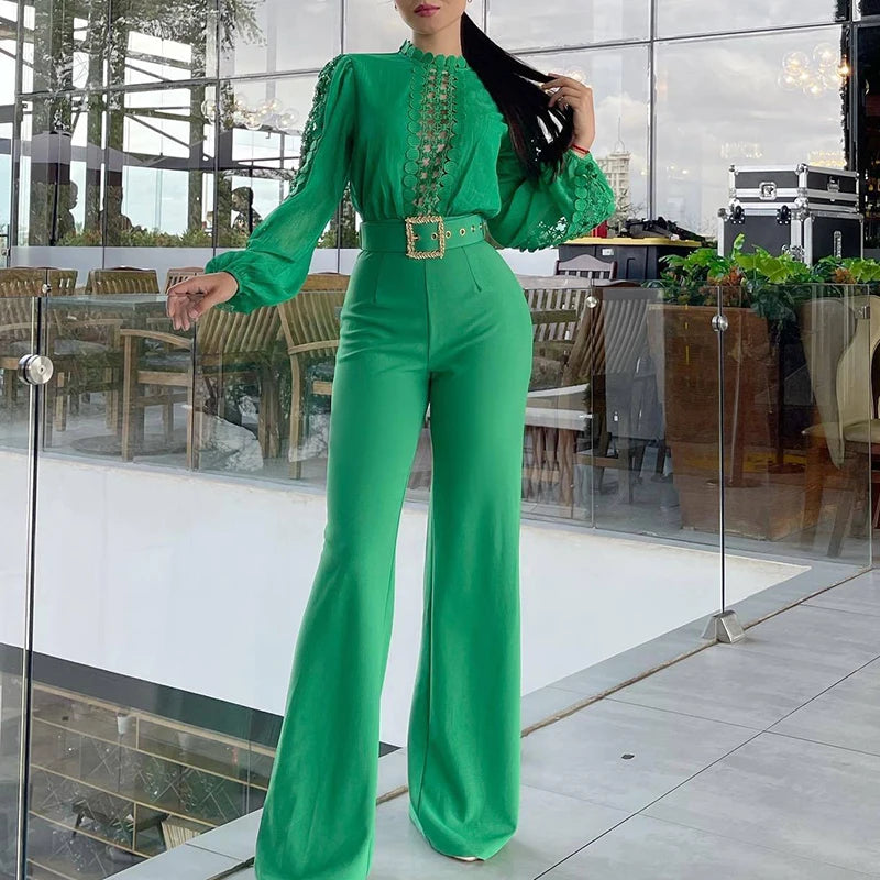 Cyflymder  Women Casual O-neck Long Sleeve Party Romper Elegant Lace-Up Belt Waist Solid Playsuits Fashion Patchwork Hollow Long Jumpsuit