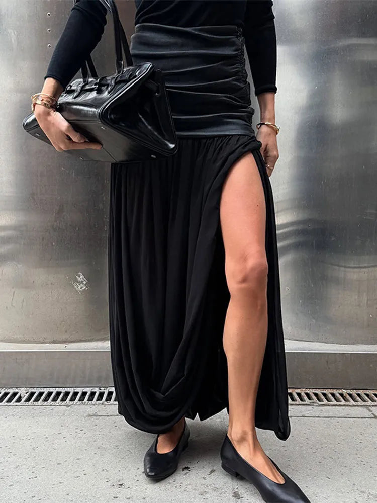 Cyflymder  PU Leather Patchwork Side Split Skirt Women Slim High Waist Pleated Fashion Party Skirts 2025 Summer Autumn Straight Street