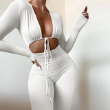 Cyflymder Summer Sexy Female Jumpsuit V-neck Long Sleeve Bodycon Hollow Out Jogger Club Body Jumpsuits Women's Clothes