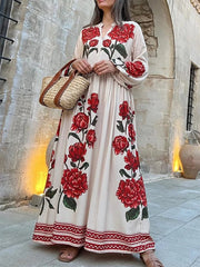 Cyflymder  Women s Elegant Floral Print V-Neck Long Sleeve Maxi Dress with Flowy Silhouette for Casual Fall Style