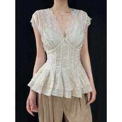 Cyflymder  French White Lace Hollow Out Shirt for Women's Summer V-neck Short-sleeved Slim Fit Shirt Fashion Female Clothes