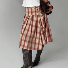 Cyflymder  Women Vintage Plaid Midi Skirt Stylish Irregular Hem Bow Tie Pleated Skirts Preppy Cute Y2k Gingham A Line Skirt
