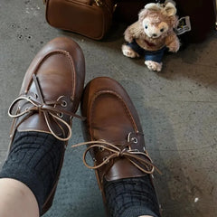 Cyflymder   Women's Loafers Autumn and Winter New Bow Shallow Mouth Sailing Shoes Women's Casual Retro Brown Lace-up Loafers Flat Shoes
