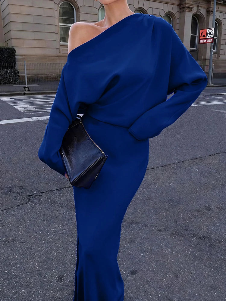 Cyflymder  Women Fashion Hight Waist Draped Long Dress Elegant Commuting Solid Color Maxi Dress Sexy Off Shoulder Long Sleeve Party Dress
