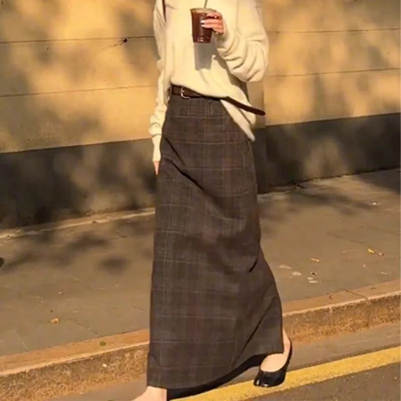 Cyflymder  Autumn Winter Fashion Plaid Woolen Skirt Women Temperament Split Straight Skirts High Waist Office Lady Midi Skirt Jupe 737A