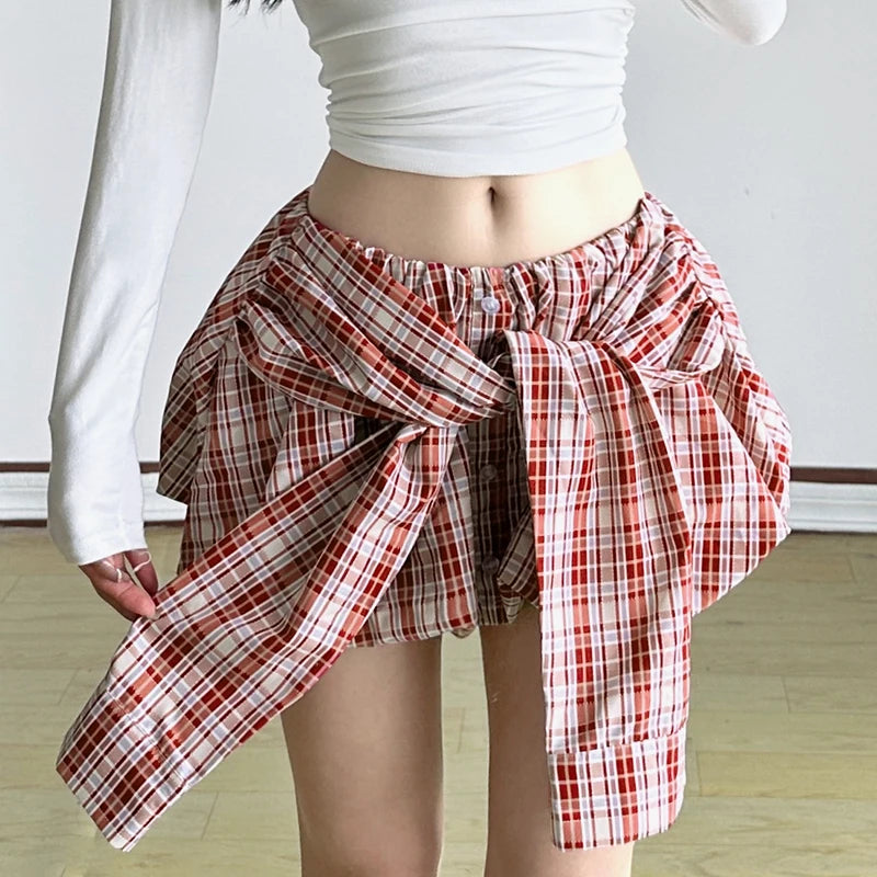 Cyflymder  Plaid Print Bud Skirt Tie-up Waist Single-breasted Decorate A-line Mini Skirts Y2K Aesthetic Low-rise Bottoms Cute Wome
