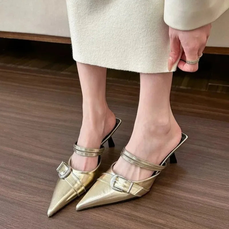 Cyflymder  spring/summer new women shoes French pointy  outdoor half slippers beach  gold stilettos toe cover sandals