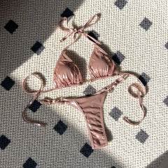 Cyflymder  Women's Triangle Bikini Set with Pearl Decor, Halter Tie Top & Thong Bottoms, Sexy High Cut Swimwear for Summer Beach Pool Party