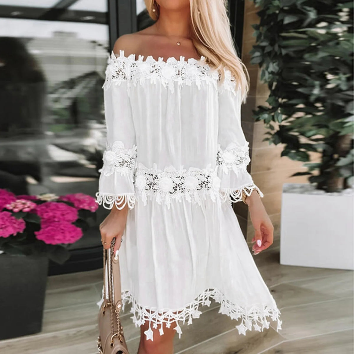 Cyflymder  Floral Embroidery Summer Dress Women Lace White Boho Dress Off Shoulder Strapless Low Back Flare Long Sleeve Casual Short Dress
