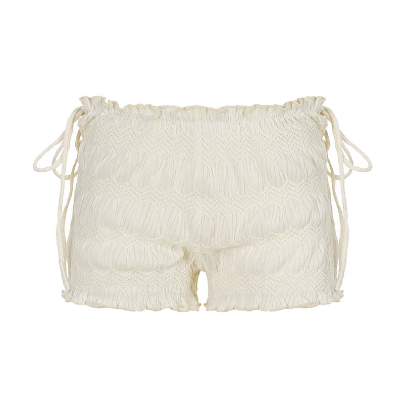 Cyflymder  Vacation Style Textured Flower Bud Tied Rope Shorts Hottie Fashion Solid Cute Low Waist Mini Bottom Women's Casual Short