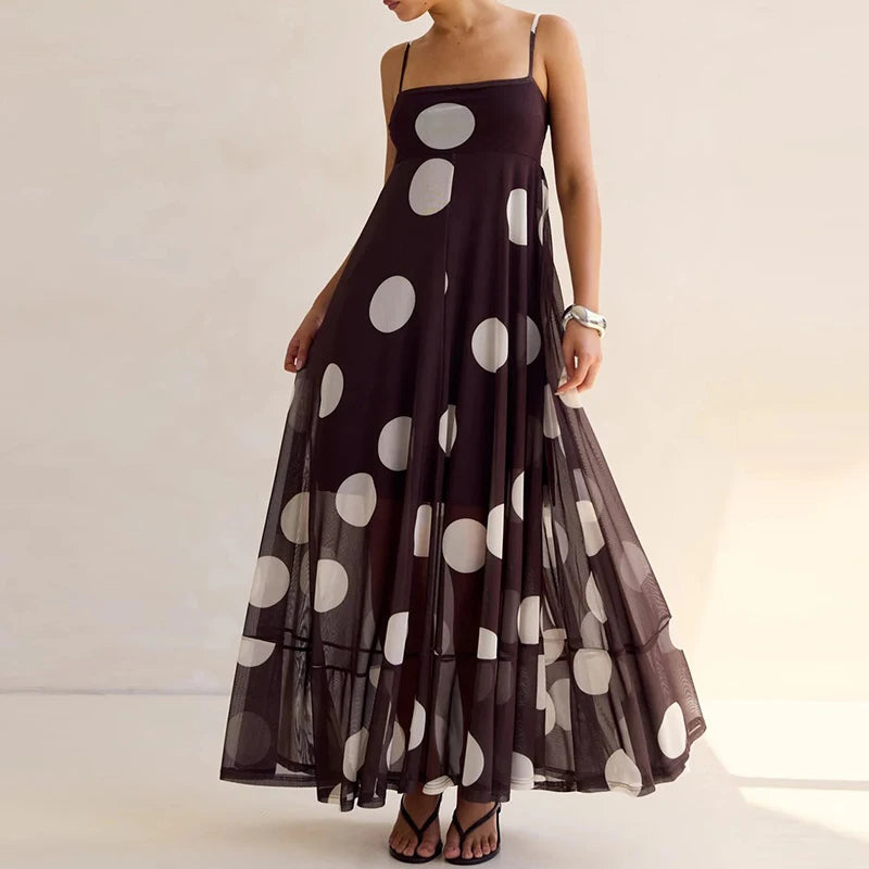 Cyflymder  Retro Polka Dot Maxi Dress Elegant Lady Spaghetti Strap Flowy Dresses for Women Summer Vacation Brunch Outfits