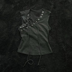 Cyflymder  Y2K Hot Girl Short Sexy Slim Fit Vest Harajuku Vintage Black Lace Up Vest Womens Summer Clothing Gothic Punk Sleeveless Tops