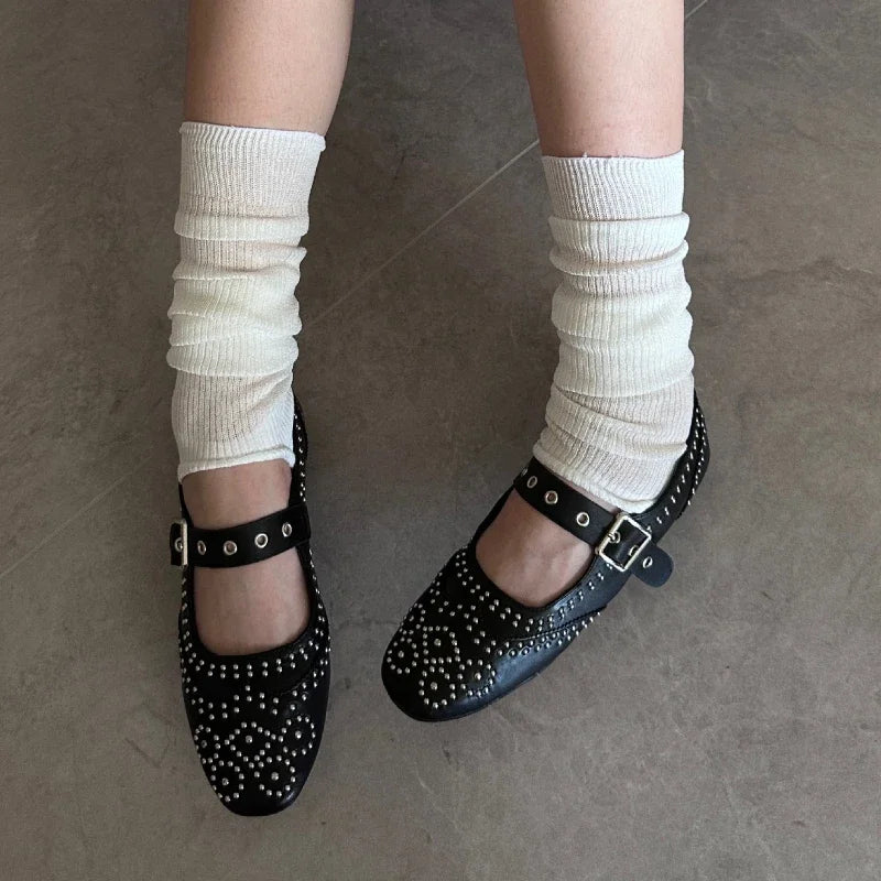 Cyflymder  Retro Rivet Buckle Design Flats Women Round Toe Shallow Elegant Mary Jane Shoes for Ladies Fashion Brand Designer Casual Shoes