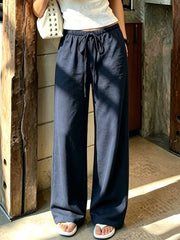 Cyflymder  Solid Color Drawstring Long Pants Mid Waist Ankle-length Loose Fit Fashion Straight Casual Trousers Street Daily Outfit