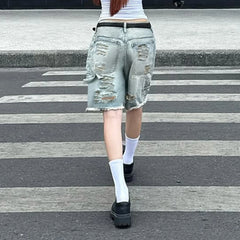 Cyflymder   Fashion Women Ripped Raw Hem Retro Jeans Shorts  Summer Five-Pocket Denim Shorts Chic Straight Legged Pants Streetwear