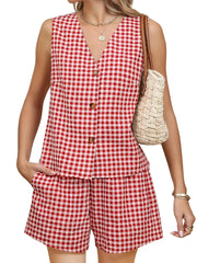 Cyflymder  Stylish Women s 2-Piece Set with Plaid Print V-Neck Tank Top and Elastic Shorts Perfect for Club and Streetwear Fashion