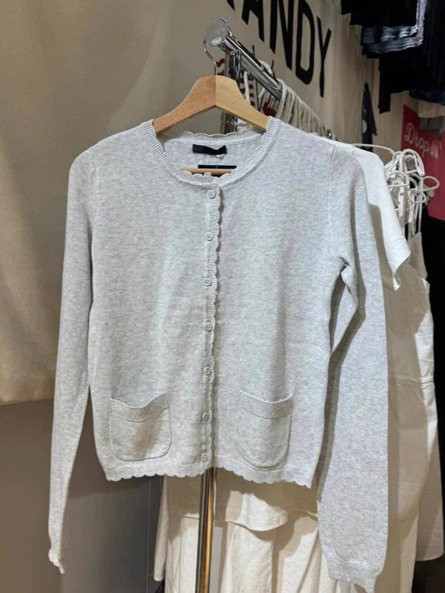 Cyflymder  Pink Sweet Pocket Knit Sweater Coat Women Autumn Lace Trim Neck Button Casual Solid Jumper Tops Sweet Cute Preppy Style Cardigan