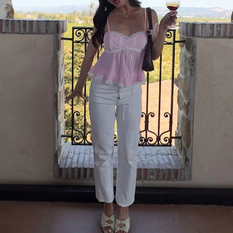 Cyflymder  Lace Trim Babydoll Camis Y2k Fairycore Peplum Crop Tops 00s Aesthetic Backless Tank Tops Women Milkmaid Vest Holiday
