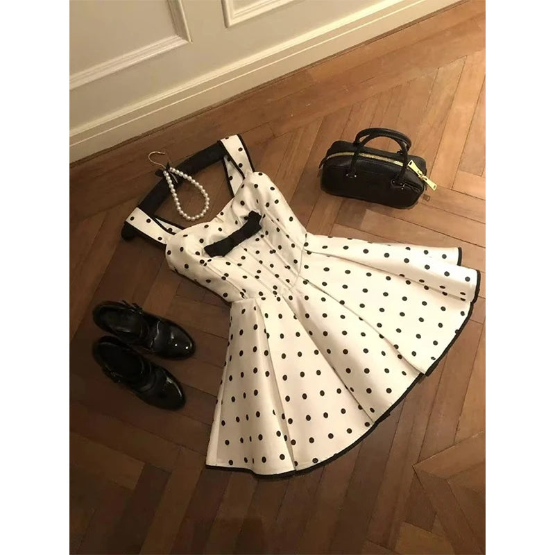 Cyflymder  Elegant Polka Dots Mini Dress Women Party Bow Straps Pleated Dresses Summer Fashion Korean Fairy Cute Bodycon A Line Vestidos