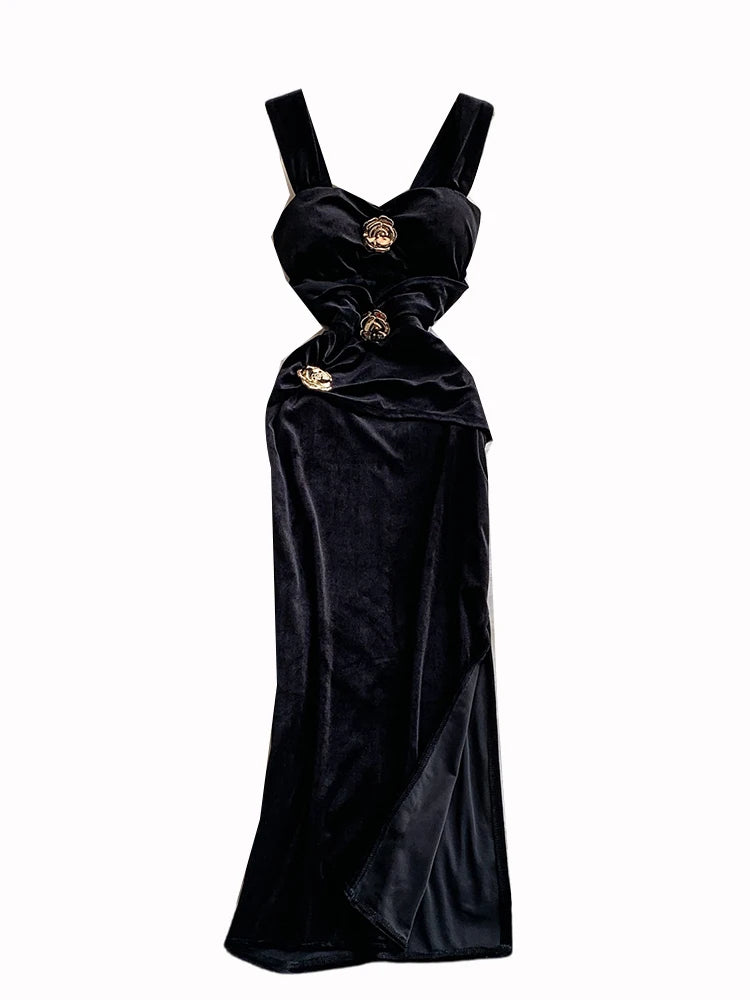 Cyflymder  Ele Velvet V-Ne Metal Flower Print Wrap Dr Women's Faion Autumn Long Dr High Waist A-Line Skirt No Sve