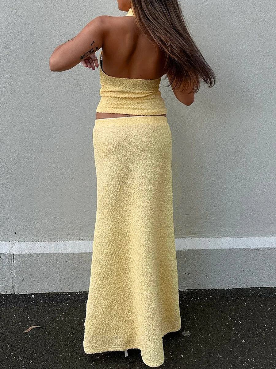Cyflymder  Elegant Women's 2 Piece Outfits Casual Sleeveless Halter Crop Top High Waist Long Skirt Solid Set for Cocktail Party