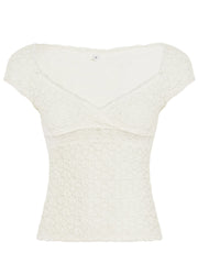 Cyflymder  Solid Lace Crop Tops Cute Coquette Square Collar Short Sleeve Slim-fitting T-shirts for Women Summer Casual Skinny Tees