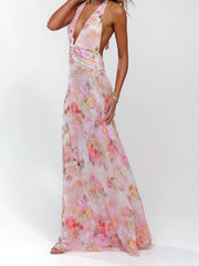 Cyflymder  Elegant Floral Print Maxi Dress Sleeveless Halter Neckline with Open Back Women s Summer Party Gown in Polka Dot Pattern