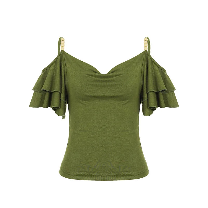 Cyflymder  Vintage Vibe Beading Sling Off The Shoulder T Shirts Y2k Fashion Ruffle Short Sleeve Slim Women Clothes High Street Casual Tops