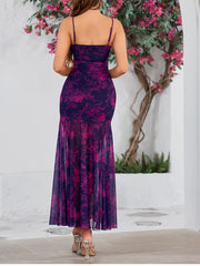 Cyflymder  Sweet Floral Camisole Long Dress For Women Summer Print Empire Bodycon Vestido Beach Holiday Elegant Mesh Robes Female