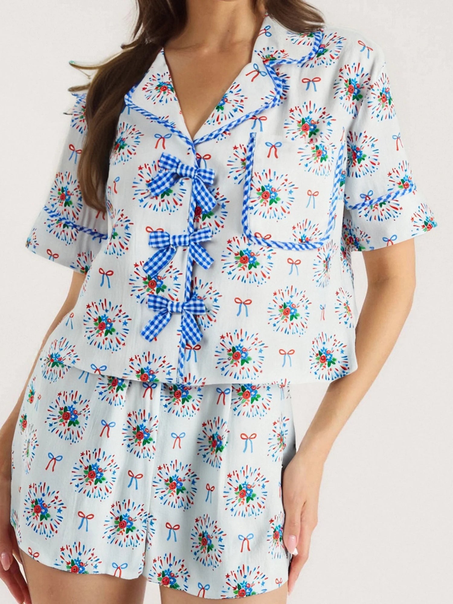 Cyflymder  Women s 2 Piece Pajama Set Adorable Short Sleeve Top with Bow Detail Comfortable Elastic Waist Shorts Lounge Wear Set for