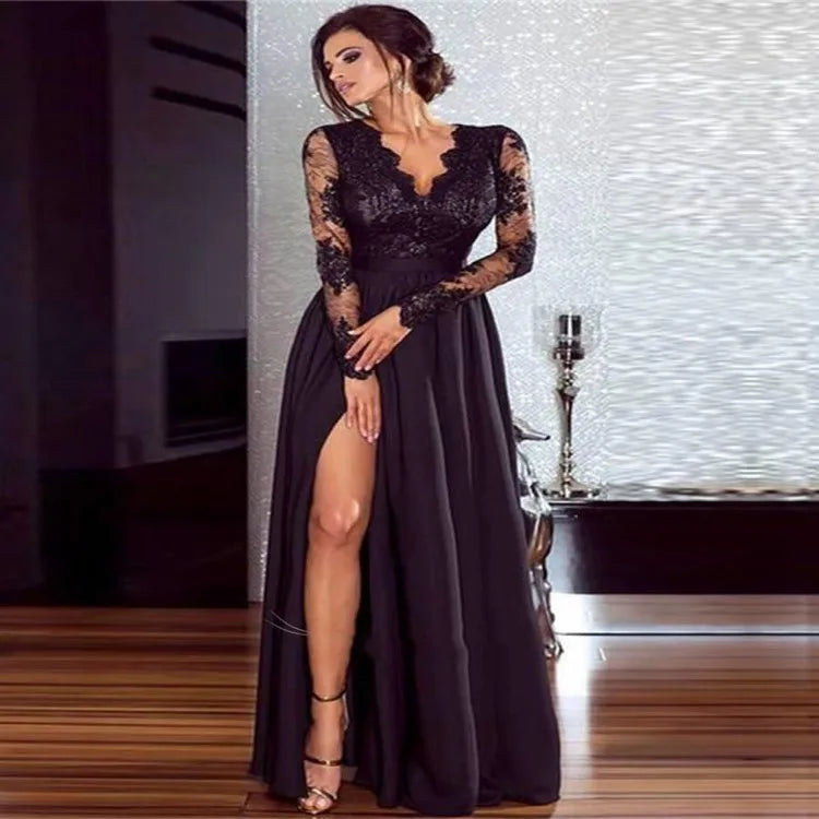 Cyflymder  Sexy Lace Evening Dr eer Bodice Mermaid Hem V-ne Long Sve Ele Women's Dr for All Seasons