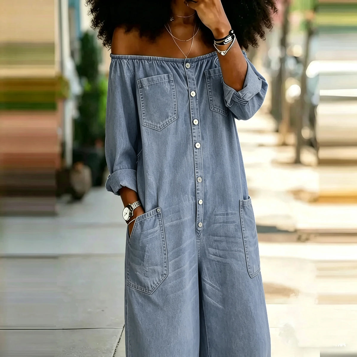 Cyflymder  Vintage Long Sleeve Pocket Rompers Elegant Lady High Waist Wide Leg Playsuits Fashion Design Style One-shoulder Denim Jumpsuits