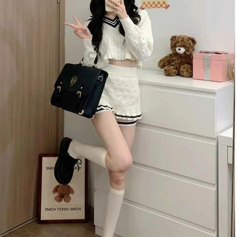 Cyflymder Korean Fashion Y2k Two Piece Skirt Set Women Sweet Stripe Knitted Sweater Crop Tops Slim Bodycon Mini Skirts Kawaii Lolita Suits