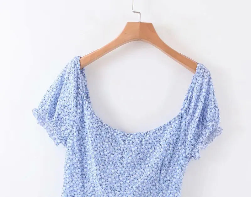 Cyflymder  Retro Blue Floral Print  Dr Sweet Front Bow Large Collar ort Sve Waist Cinched Street Sle Summer Dr for Women