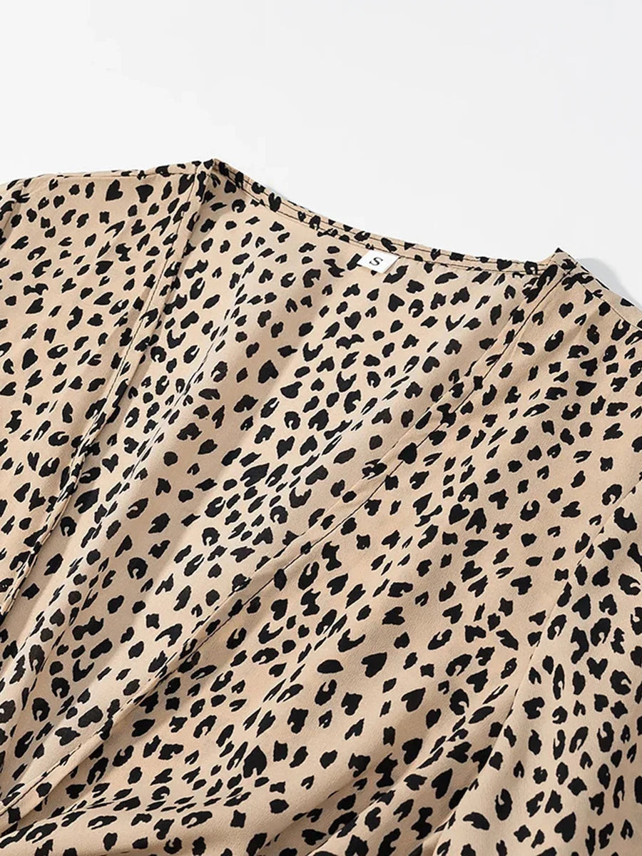 Cyflymder  French Sexy Leopard Printed Dress for Women V Neck Half Sleeve Spliced Lace Up Slim Temperament Dresses Female New