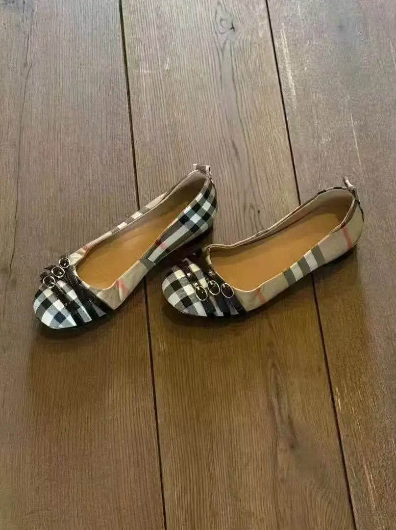 Cyflymder   summer new French retro plaid double belt buckle round toe shallow mouth single shoe versatile ballet Mary Jane shoes