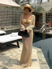 Cyflymder  Sexy U-neck Bell Sleeve Knit Maxi Dress Summer 2024 Women Swimwear Feminine Bikinis Cover-ups Holiday Crochet Beach Outfit K21