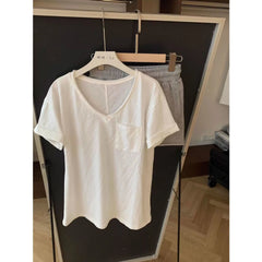Cyflymder   Simple Lazy Wind V-neck White Short-sleeved Pajamas Women's Summer T-shirt Shorts Loungewear Set