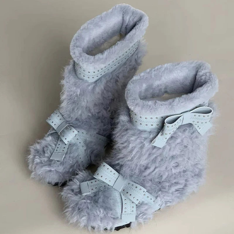 Cyflymder   Snow Boots for Women Fur Flats Warm Dress Cotton Shoes Designer Winter Ankle Boots New Fashion Short Plush Bow Ladies Botas
