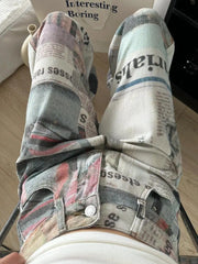 Cyflymder American Style High Street Personalized Printed Newspaper Jeans for Men and Women Summer Straight Tube Loose Wide Leg Pants Y2k