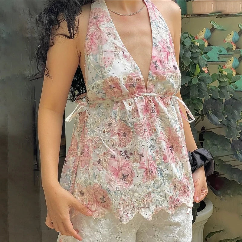 Cyflymder  Women Floral Halter Tank Tops Fairycore Deep V Neck Backless Ruffle Camisole Y2K Bodycon Going Out Vest Sweet Girl Streetwear