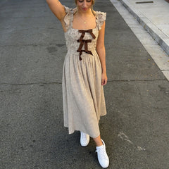 Cyflymder  Women Vintage Plaid Dress Bow Smocked Ruffled Trim Flying Sleeve Long A-Line Dress Elegant Cocktail Party Maxi Dress